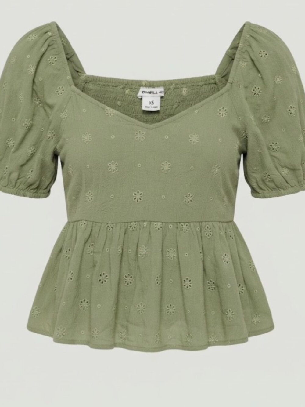 O’Neill Sage Green Floral Eyelet Peplum Puff Sleeve Top — Size XS — GUC